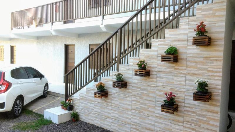 Escada com parede de jardim vertical, vasos com flores e plantas no pátio
